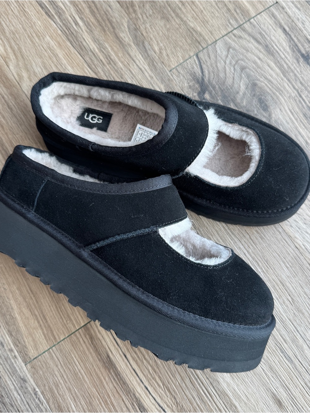 Size 9 UGG Bea Mary Jane Black Suede Platform Shearling Mules Slippers Clogs